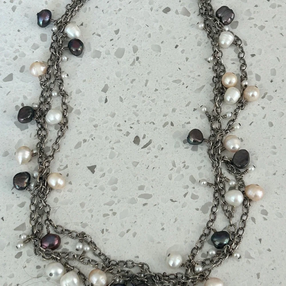 Elegant Sterling White and Gray Pearl Triple Strand Dangle Necklace